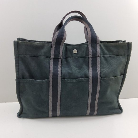 Hermes Fourre Tout Canvas Tote Bag Handbag Satchel Black Grey - Picture 2 of 16
